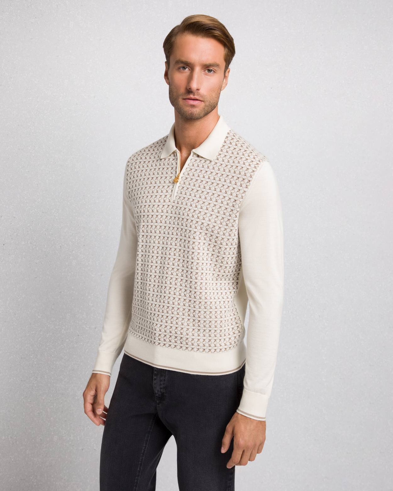 Polo con zip in maglia di cashmere e seta
